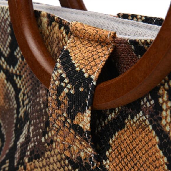 Snakeskin Print Tote Bag with Wooden Handle - Picture 4 of 4